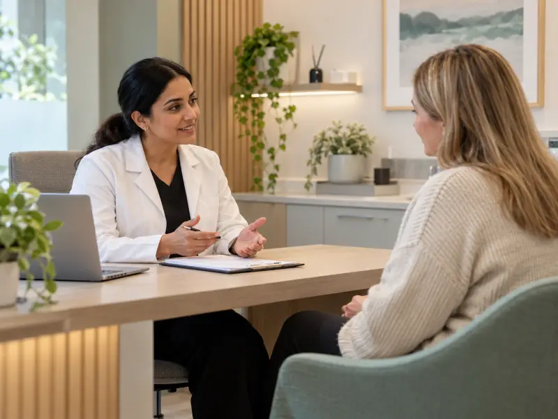 Pharmacist-led weight management consultation with a patient in a modern, private healthcare setting.