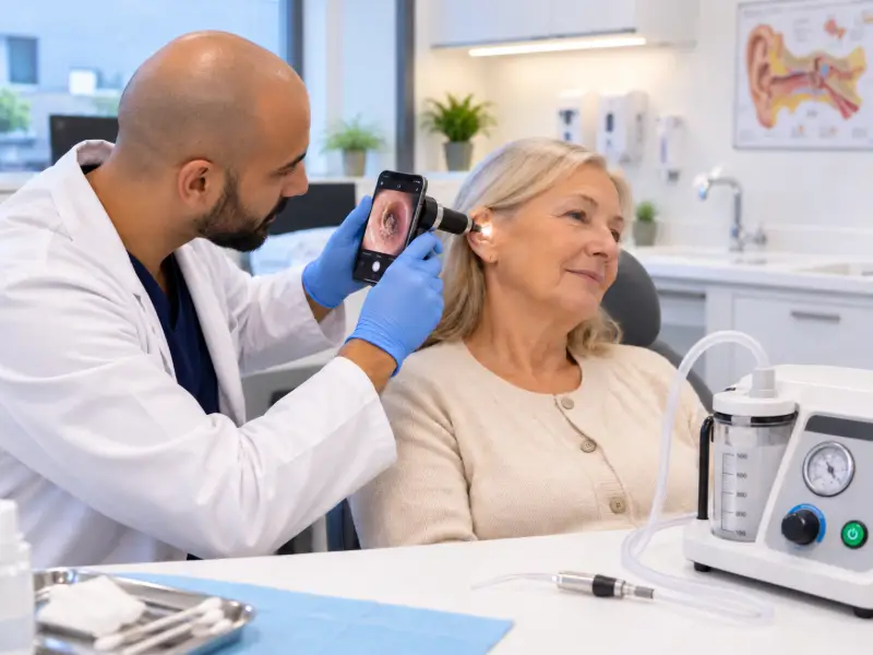 Earwax removal consultation using a digital otoscope and microsuction equipment at a pharmacy clinic.
